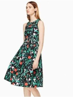 kate spade Black Floral Sleeveless Midi Dress with Green & Red Accents